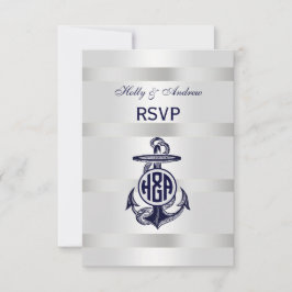 Blauw Anker Zilver Wit Marineblauw Cirkel Monogram RSVP Kaartje