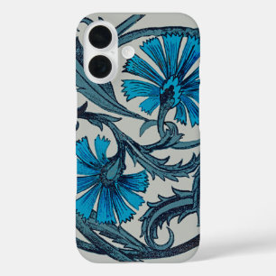 blauw antiek bloemenkunst ambachten rustiek iPhone 16 hoesje
