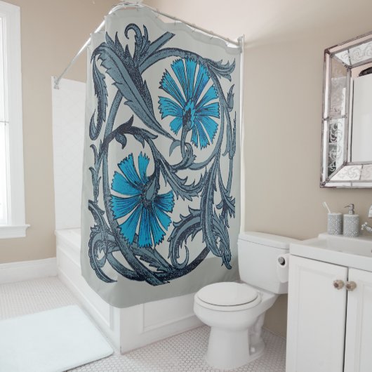 blauw antiek bloemenkunst ambachten rustiek douchegordijn (In situ)