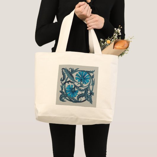 blauw antiek bloemenkunst ambachten rustiek grote tote bag (Voorkant (product))