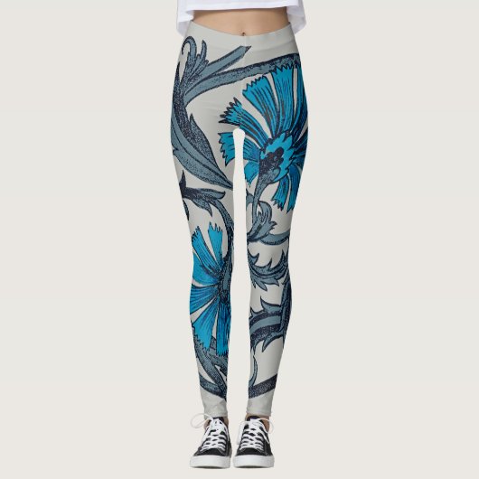  blauw antiek bloemenkunst ambachten rustiek leggings (Voorkant)