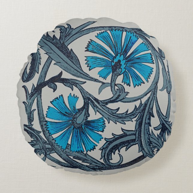  blauw antiek bloemenkunst ambachten rustiek rond kussen (Voorkant)