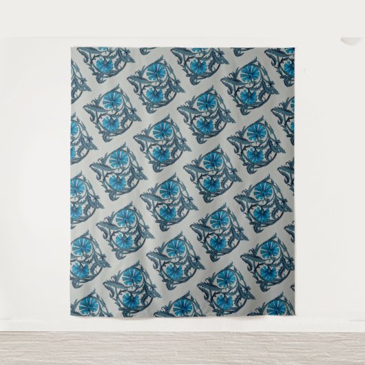 blauw antiek bloemenkunst ambachten rustiek wandkleed (Voorkant)