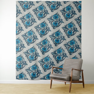Blauw antiek bloemkunst roestig tegeldecor wandkleed