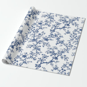Blauw Antiek Bloemmotief Tuinfeest Inpakpapier