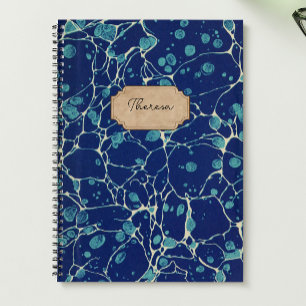  blauw Antiek gemarmerd design naam label Notitieboek