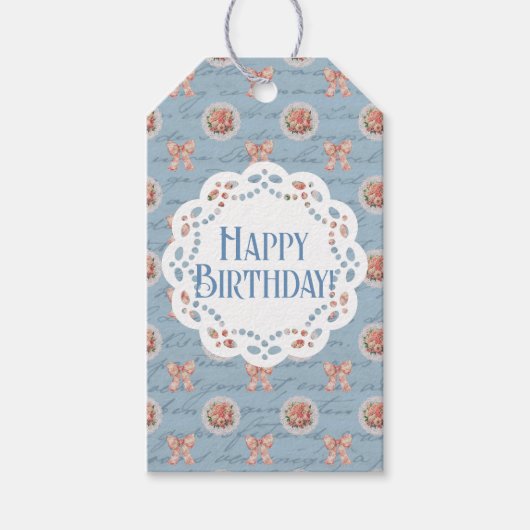 Blauw Antiek Gepersonaliseerde Happy Birthday Cadeaulabel (Voorkant)