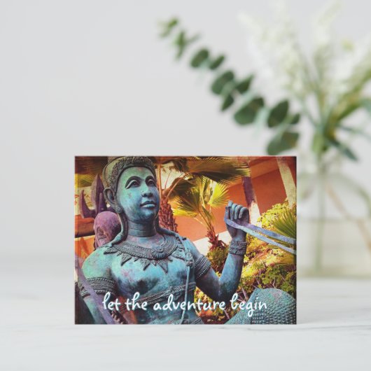 Blauw Antiek krijger standbeeld laat avontuur begi Briefkaart (Staand voorkant)