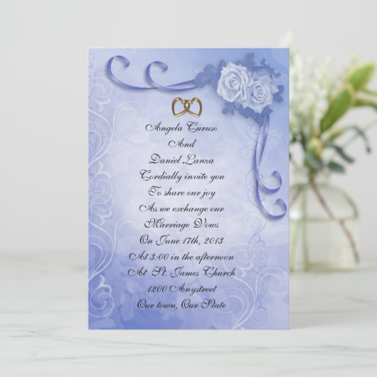 Blauw antiek rozen Huwelijksuitnodiging Kaart (Staand voorkant)