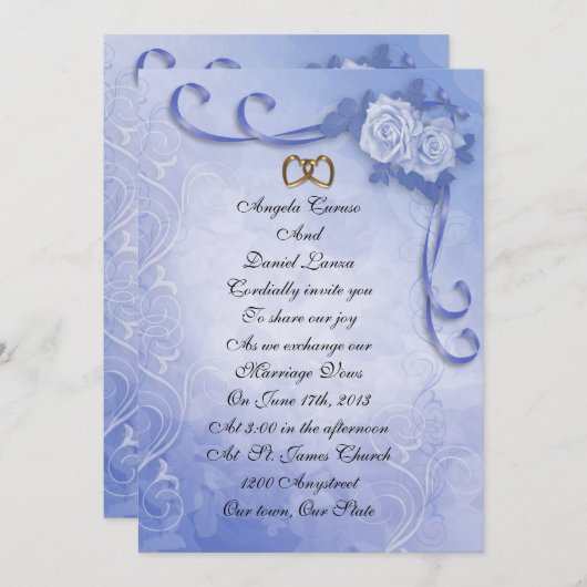 Blauw antiek rozen Huwelijksuitnodiging Kaart (Voorkant / Achterkant)