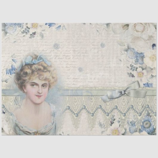 Blauw Antiek Victoriaans Bloemendecoupage Tissuepapier (Voorkant)