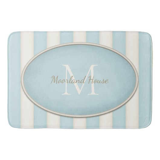 Blauw & Antiek Wit Strepen Ovaal Ingelijst Monogra Badmat (Voorkant)