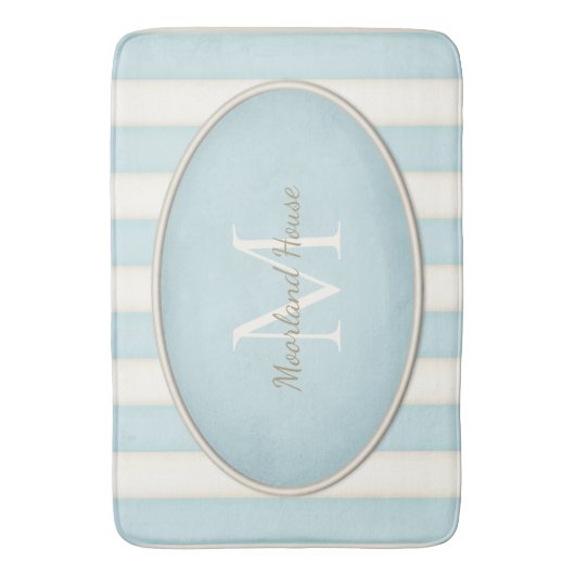 Blauw & Antiek Wit Strepen Ovaal Ingelijst Monogra Badmat (Voorkant Verticaal)