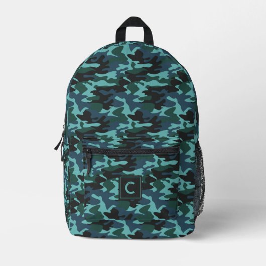 Blauw Aqua Camouflage Patroon Monogram Bedrukte Rugzak (Voorkant)