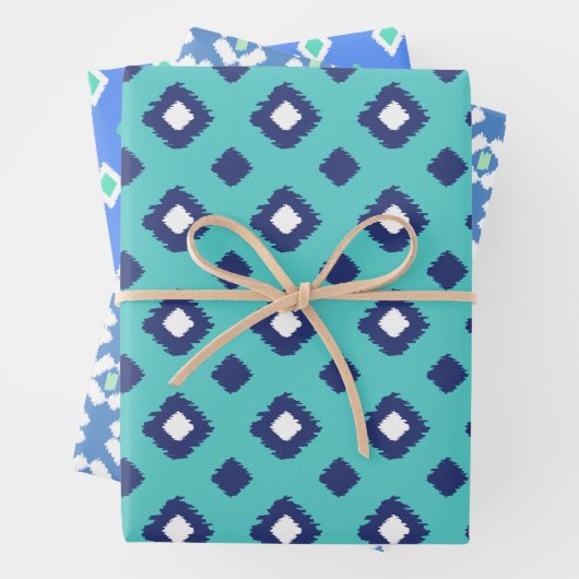 Blauw, Aqua en Mint Tribal Diamond Ikat Pattern Inpakpapier Vel (In situ)