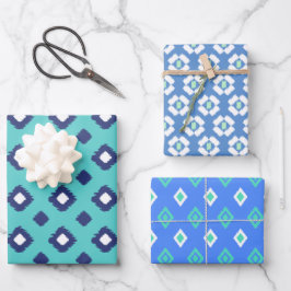 Blauw, Aqua en Mint Tribal Diamond Ikat Pattern Inpakpapier Vel