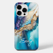 Blauw Aqua Goud Marmer Script Naam iPhone Hoesje (Achterkant)