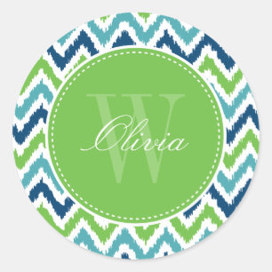 Blauw Aqua Groen Zigzag Ikat Patroon Monogram Ronde Sticker