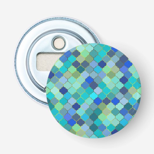 Blauw Aqua Marokkaans Mozaïek Button Flesopener (Voorkant)