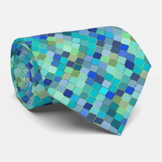 Blauw Aqua Marokkaans Mozaïekpatroon Stropdas (Opgerold)