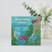 Blauw, Aqua Mermaids, Octopus Birthday Uitnodiging (Staand voorkant)