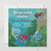 Blauw, Aqua Mermaids, Octopus Birthday Uitnodiging (Voorkant)