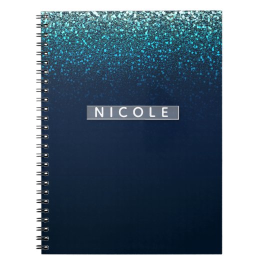 Blauw Aqua Navy Glitter Sparkle Modern Girly Glam Notitieboek (Voorkant)