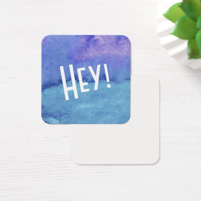 Blauw, Aqua, Paarse Waterverf met "Hey!" Nota's Vierkante Visitekaartjes (Bureau)