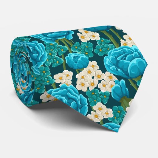 Blauw aqua roos met florale hand geschilderd patro stropdas (Opgerold)