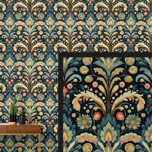 Blauw Aqua Roze Geel Art Nouveau Behang