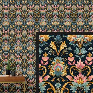 Blauw Aqua Roze Goud Art Nouveau Behang
