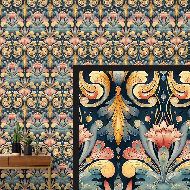 Blauw Aqua Roze Goud Art Nouveau Behang (Creator heeft geüpload)