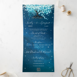 Blauw Aqua Turquoise Hart Blad Boom Bruiloft Drieluik Uitnodiging