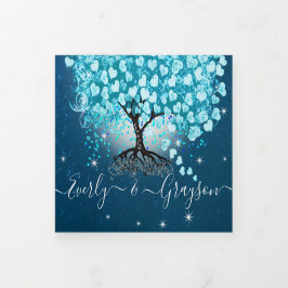 Blauw Aqua Turquoise Hart Blad Boom Bruiloft Drieluik Uitnodiging