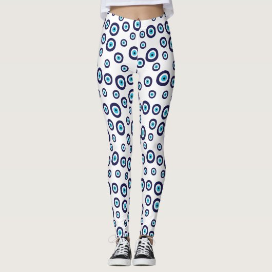 Blauw Aqua Wit Nazar Evil Eye cirkels patroon Leggings (Voorkant)