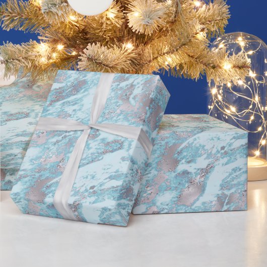 Blauw Aqua Zilver Marmer Cadeaupapier (Feestdagen)