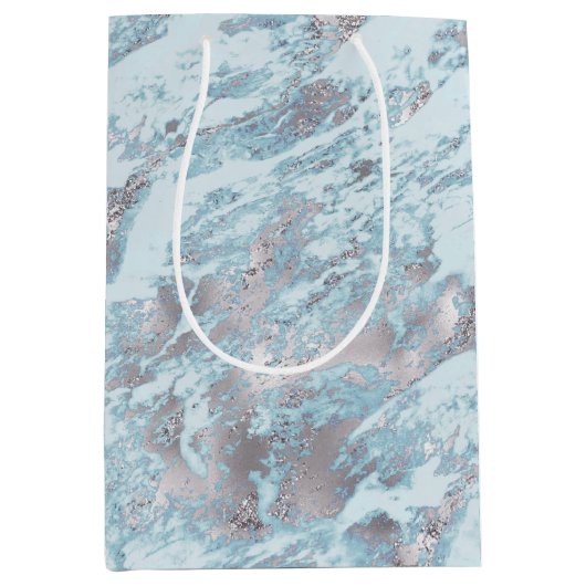 Blauw Aqua Zilver Marmer Medium Cadeauzakje (Voorkant)