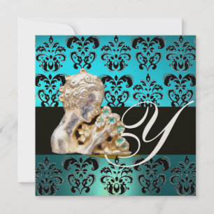 BLAUW AQUAMARINE BLACK, WITTE DAMASKJEWEL MONOGRAM KAART
