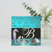 BLAUW AQUAMARINE DAMASK BEACH WEDDING MONOGRAM KAART (Staand voorkant)