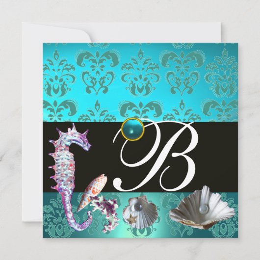 BLAUW AQUAMARINE DAMASK BEACH WEDDING MONOGRAM KAART (Voorkant)