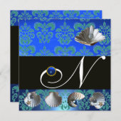BLAUW AQUAMARINE DAMASK BEACH WEDDING MONOGRAM KAART (Voorkant / Achterkant)