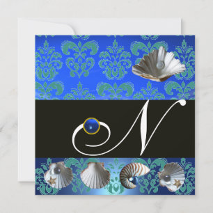 BLAUW AQUAMARINE DAMASK BEACH WEDDING MONOGRAM KAART