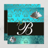 BLAUW AQUAMARINE DAMASK BEACH WEDDING MONOGRAM KAART (Voorkant / Achterkant)