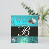 BLAUW AQUAMARINE DAMASK BEACH WEDDING MONOGRAM KAART (Staand voorkant)