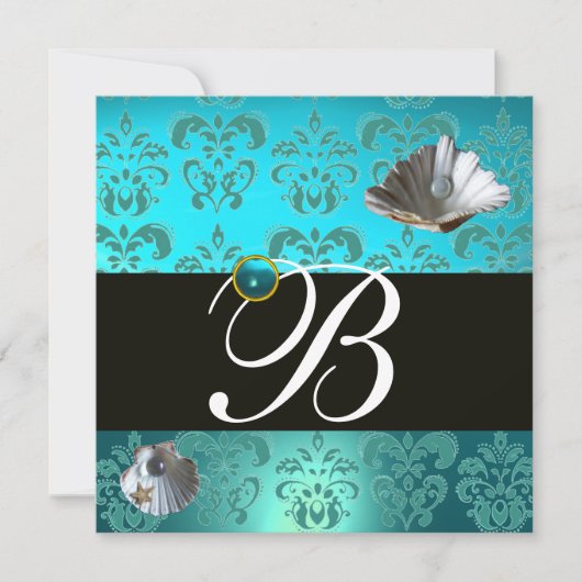 BLAUW AQUAMARINE DAMASK BEACH WEDDING MONOGRAM KAART (Voorkant)