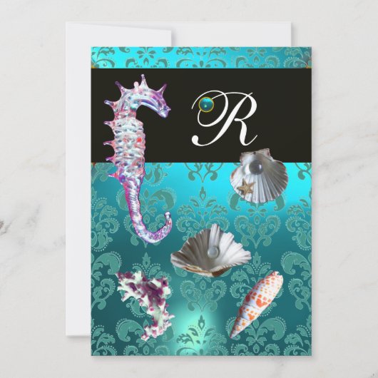 BLAUW AQUAMARINE DAMASK BEACH WEDDING MONOGRAM KAART (Voorkant)