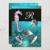 BLAUW AQUAMARINE DAMASK BEACH WEDDING MONOGRAM KAART (Voorkant / Achterkant)