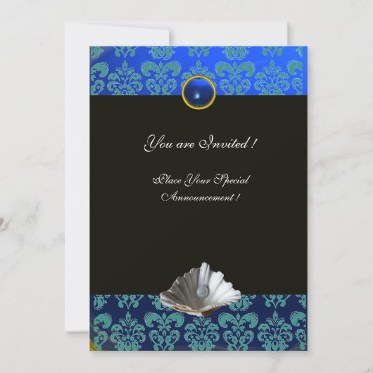 BLAUW AQUAMARINE DAMASK BEACH WEDDING MONOGRAM KAART (Achterkant)