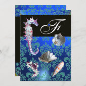 BLAUW AQUAMARINE DAMASK BEACH WEDDING MONOGRAM KAART (Voorkant / Achterkant)