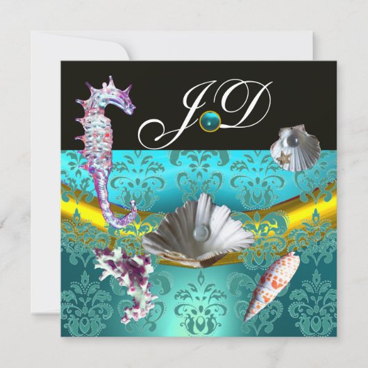 BLAUW AQUAMARINE DAMASK BEACH WEDDING MONOGRAM KAART (Voorkant)